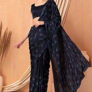 Navy Blue Saree Set With Pre-Stitched Blouse, Embellished, Size S (4-6), NWT